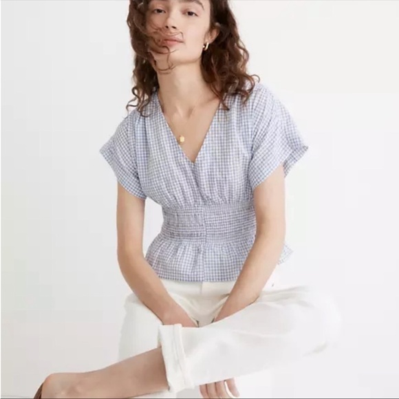 Madewell V-Neck Smocked-Waist Top in Gingham Seersucker Small - Picture 1 of 8
